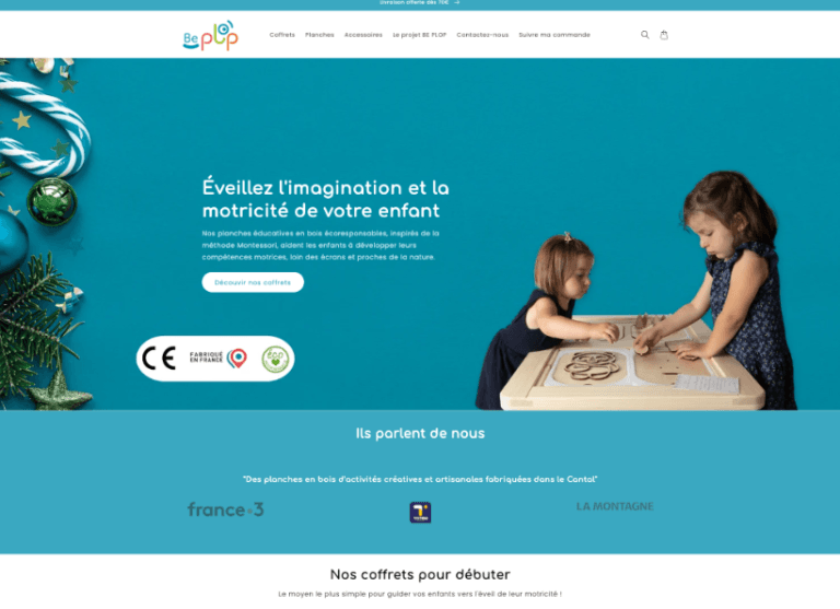 Page d’accueil de Be Plop après la refonte du site internet, mettant en avant les valeurs éducatives et artisanales des coffrets en bois pour enfants.