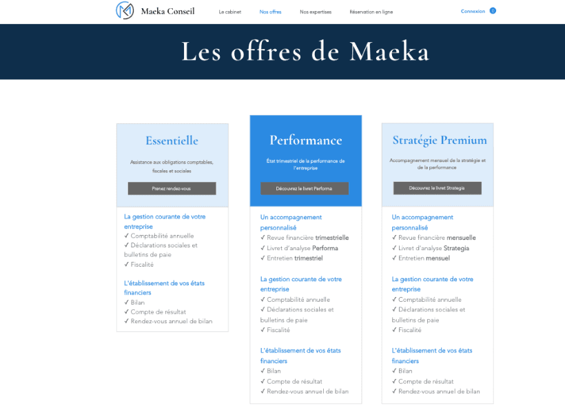 Comparaison des offres de services de Maeka Conseil avant la refonte du site internet, incluant les options Essentielle, Performance et Stratégie Premium.