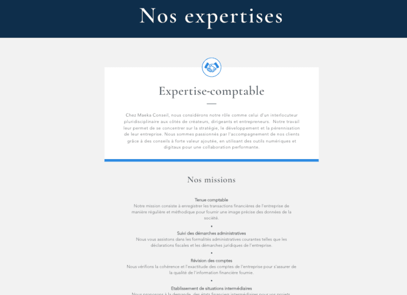 Présentation des expertises comptables de Maeka Conseil avant la refonte du site internet, mettant en avant les services d’accompagnement pour entreprises.