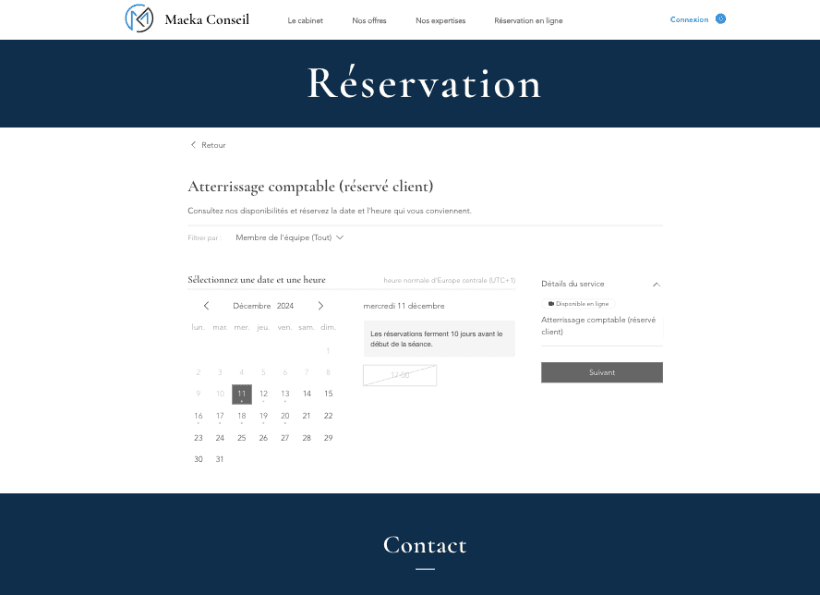 Interface de réservation de Maeka Conseil avant la refonte du site internet, permettant aux clients de choisir une date et une heure pour leurs consultations comptables.