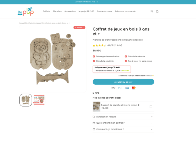 Page produit de Be Plop affichant le coffret éducatif en bois pour enfants, avec un design épuré et optimisé après la refonte du site internet.