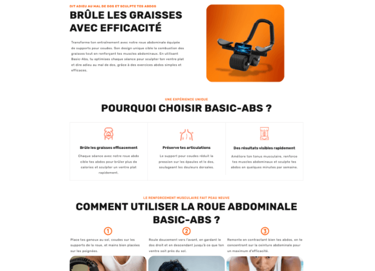 Page d’accueil mettant en avant les avantages et l’utilisation de la roue abdominale Basic-Abs, reflétant l’expertise en création de site internet et en optimisation de contenu.