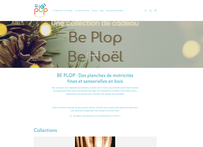 Page d’accueil de Be Plop avant la refonte du site internet, mettant en avant les planches de motricité et sensorielles en bois.