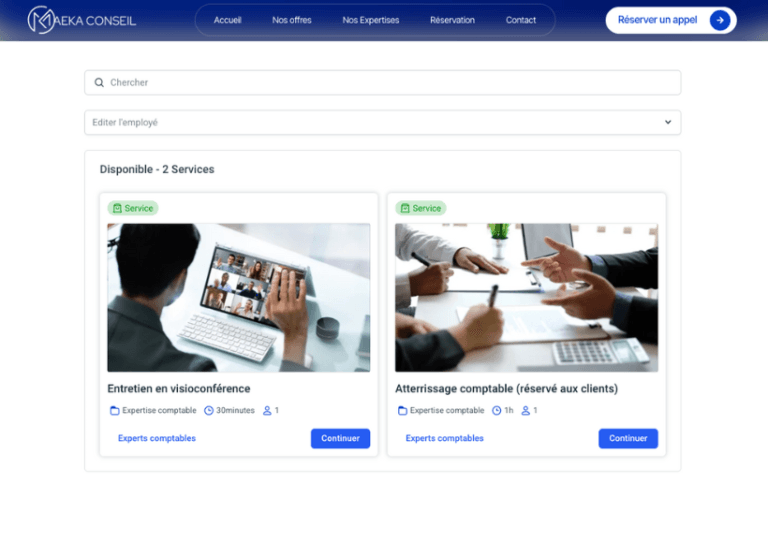 Interface de réservation de services sur le site Maeka Conseil, avec des options comme l’entretien en visioconférence et l’atterrissage comptable.