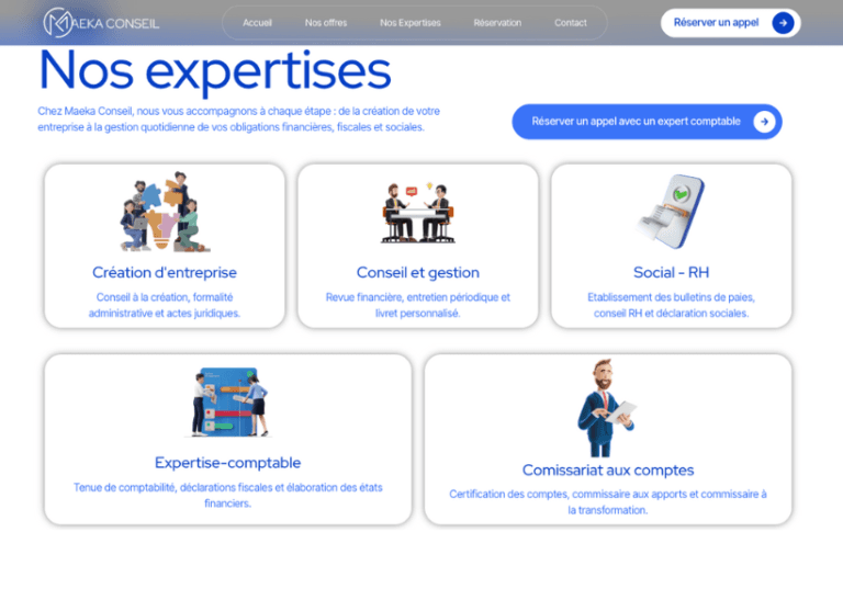 Page des expertises de Maeka Conseil présentant des services comme la création d’entreprise, le conseil et gestion, le social-RH, et l’expertise comptable.