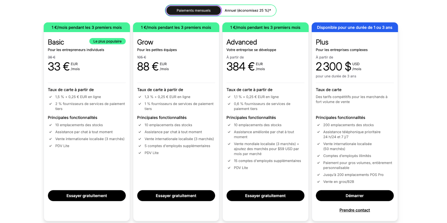 les tarifs shopify